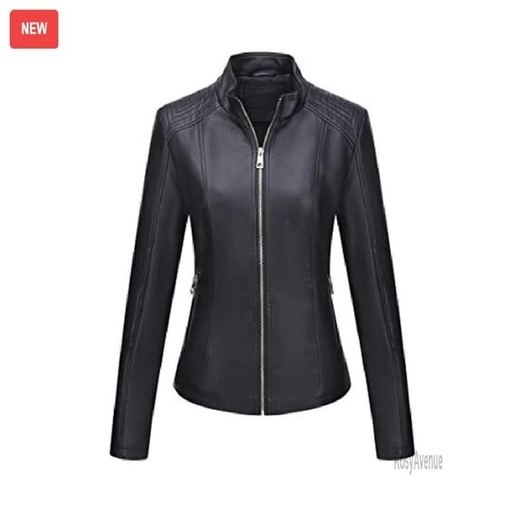 Faux Leather Motorcycle Jacket with Quilted Design and Pockets - Picture 8 of 8